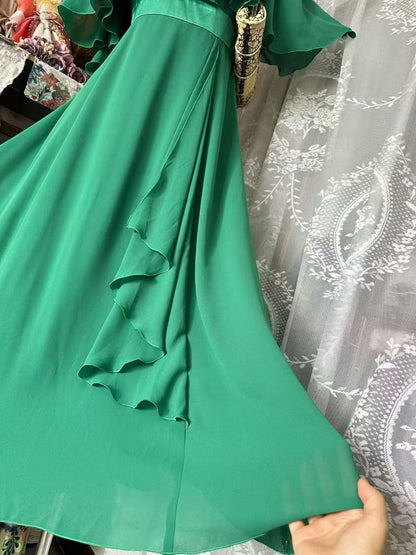 A Line Emerald Green Chiffon Evening Dress Modest Wedding Dress  J10874