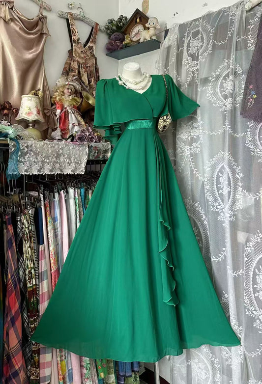 A Line Emerald Green Chiffon Evening Dress Modest Wedding Dress  J10874