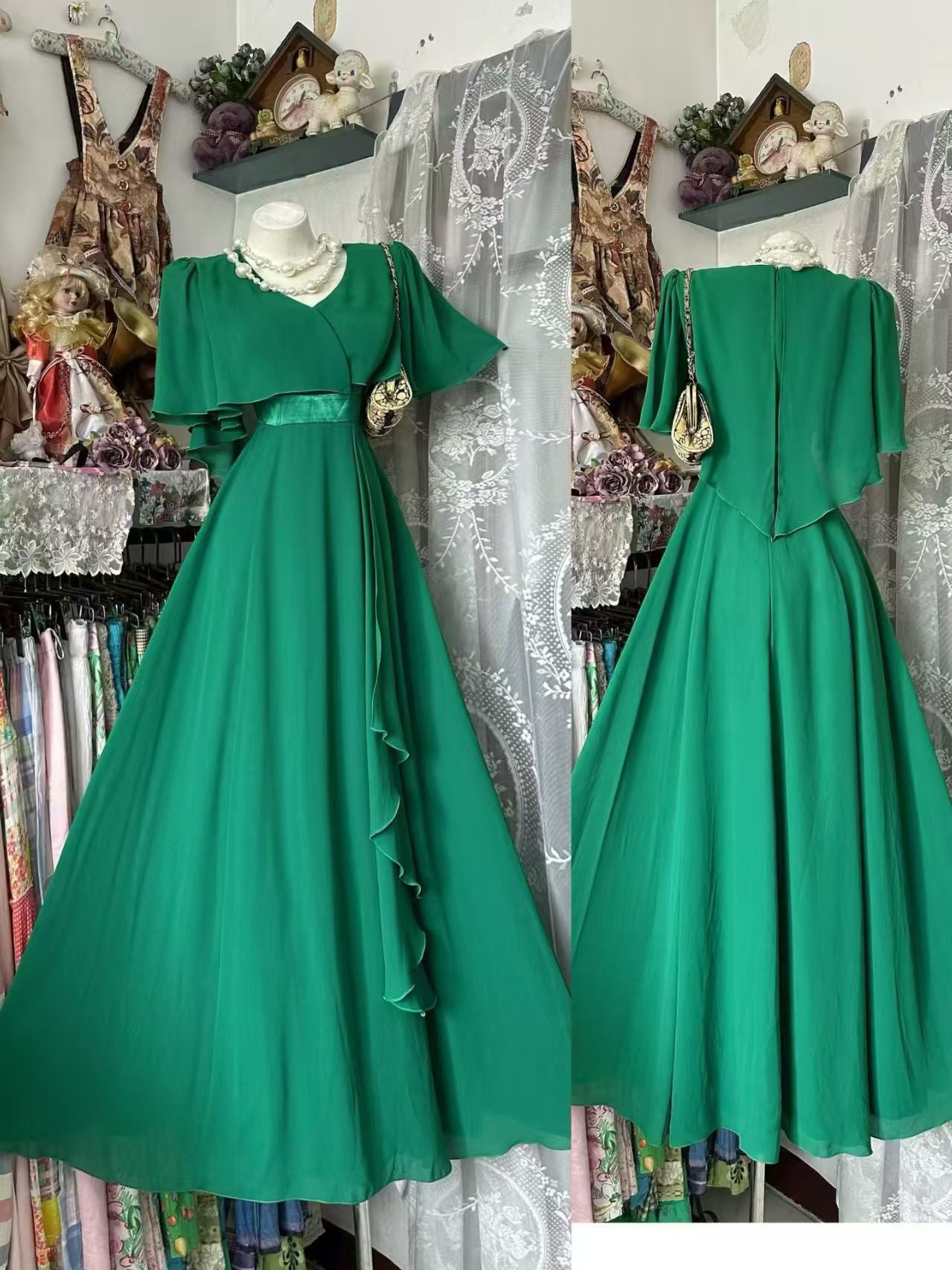A Line Emerald Green Chiffon Evening Dress Modest Wedding Dress  J10874