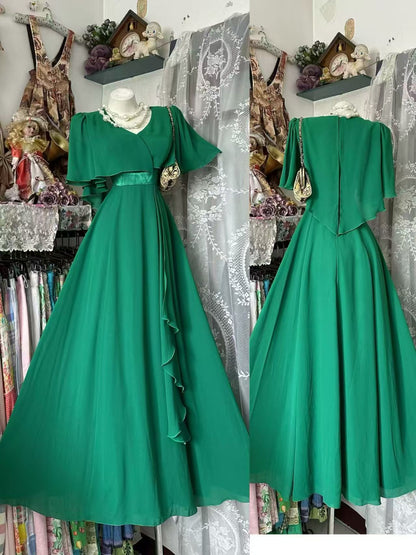 A Line Emerald Green Chiffon Evening Dress Modest Wedding Dress  J10874