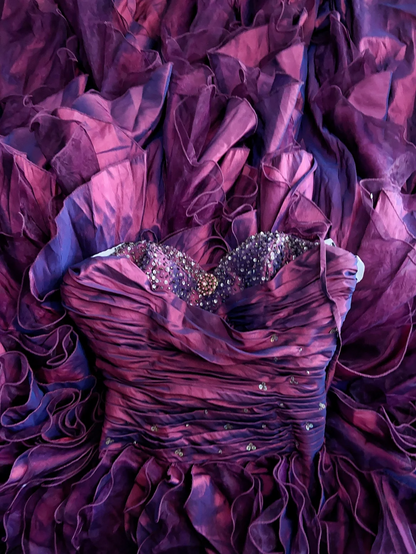 A Line Fuchsia Ruffle Prom Dress Vintage Birthday Gown  J9785