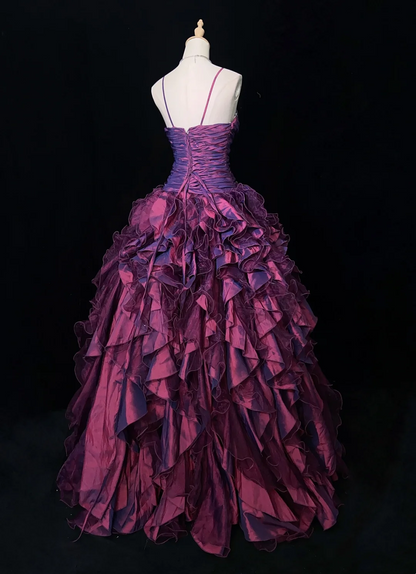 A Line Fuchsia Ruffle Prom Dress Vintage Birthday Gown  J9785