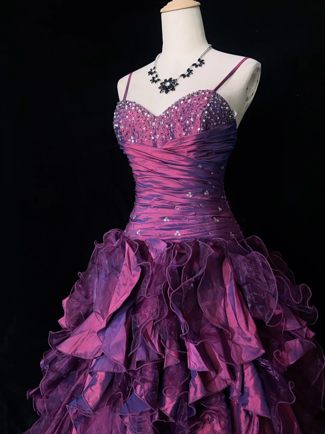 A Line Fuchsia Ruffle Prom Dress Vintage Birthday Gown  J9785
