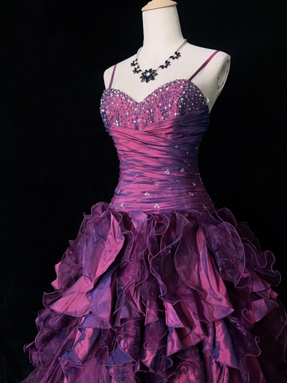 A Line Fuchsia Ruffle Prom Dress Vintage Birthday Gown  J9785