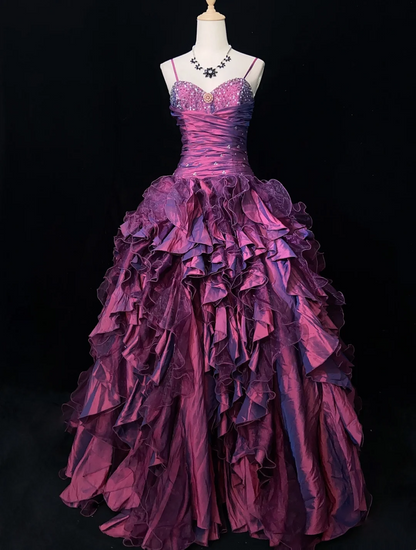 A Line Fuchsia Ruffle Prom Dress Vintage Birthday Gown  J9785