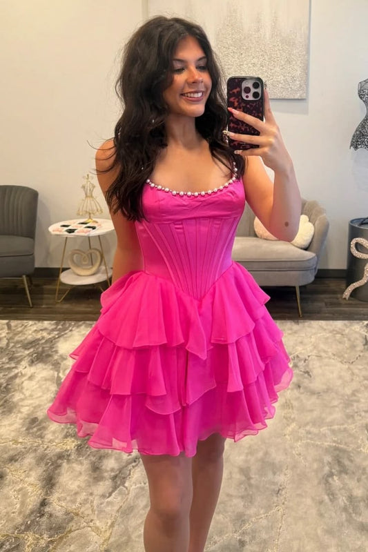 A Line Hot Pink Layered Homecoming Dress Ruffled Short Party Dress  J11053