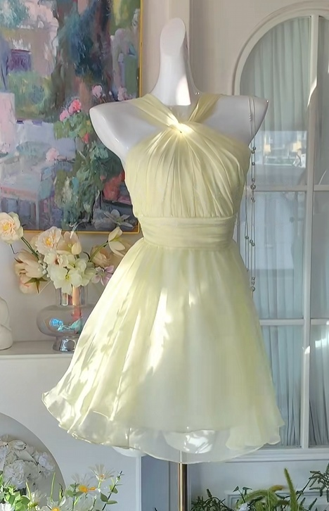 A Line Light Yellow A Line Homecoming Dress Short Party Dress  J10958