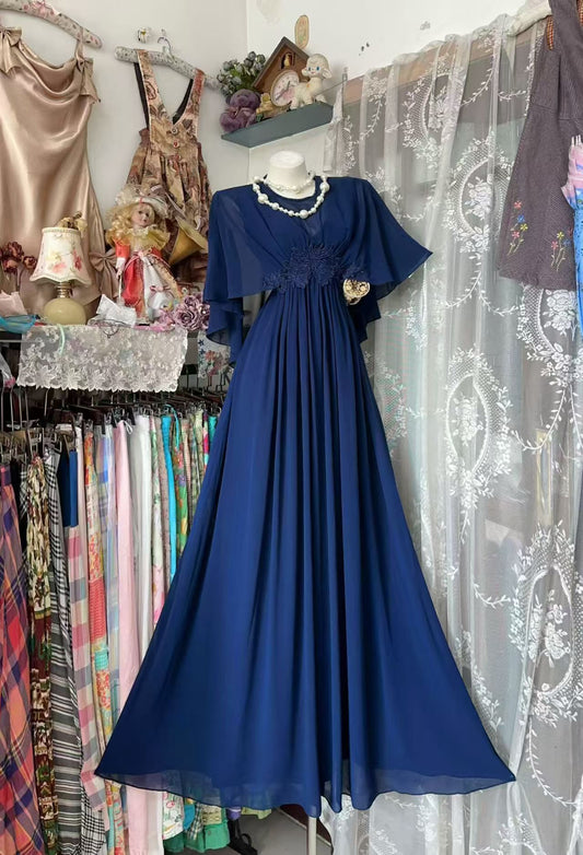 A Line Navy Blue Chiffon Modest Evening Dress Formal Wedding Guest Dress J10856