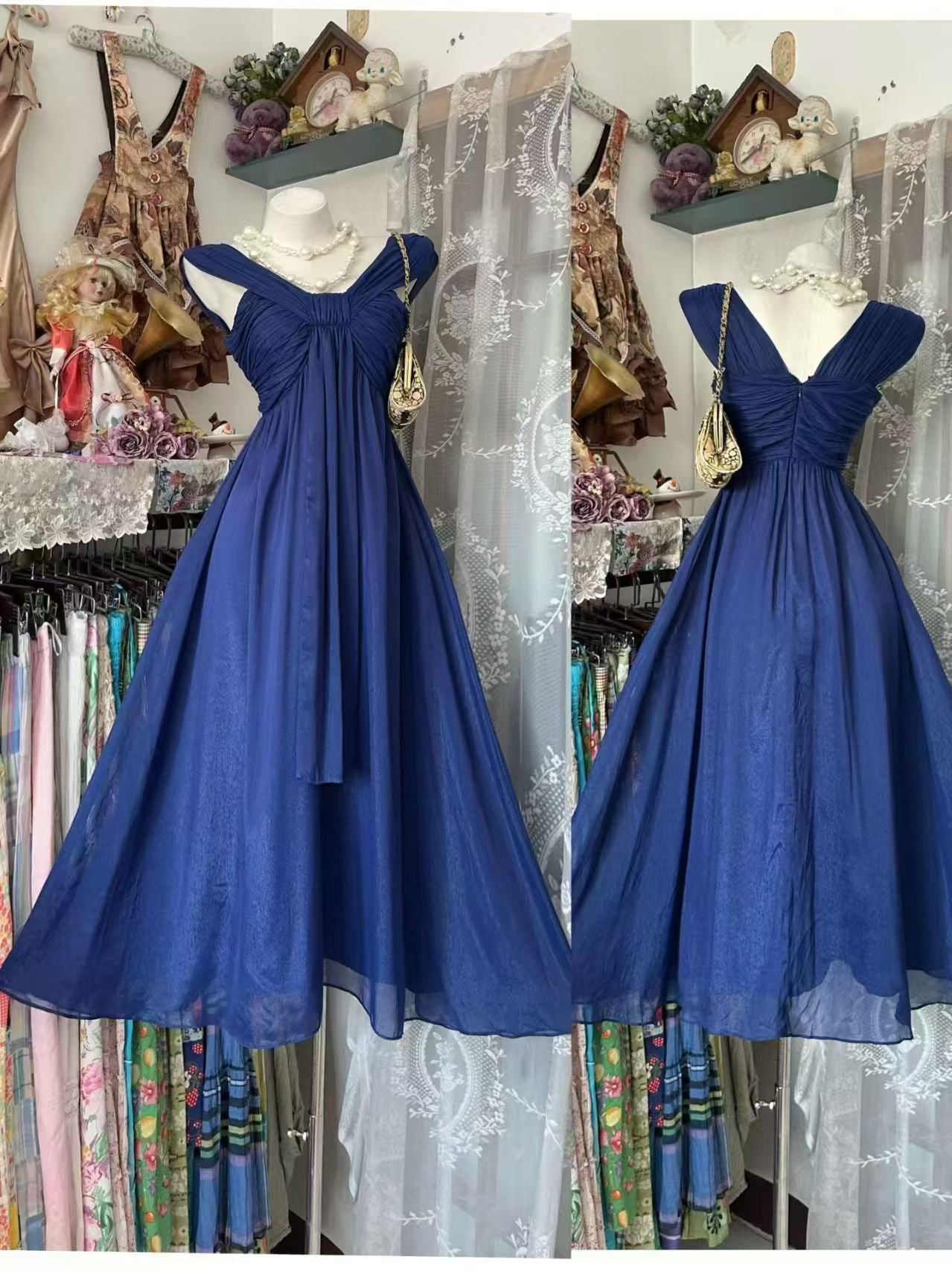 A Line Navy Blue Wedding Guest Dress Retro Evening Dress  J10850