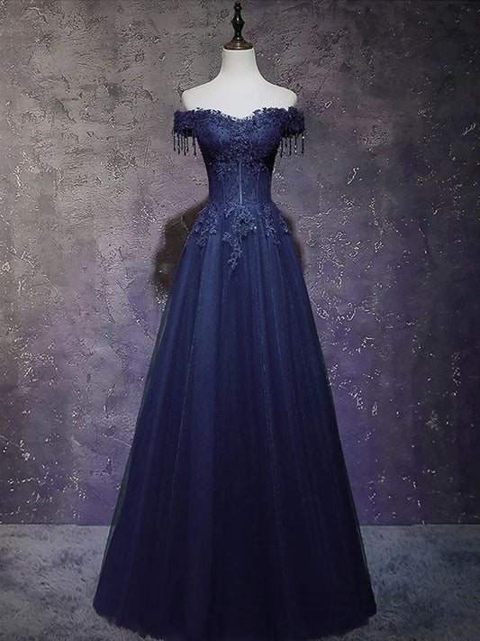 A Line Off The Shoulder Navy Blue Prom Dresses Evening Dress  J10368