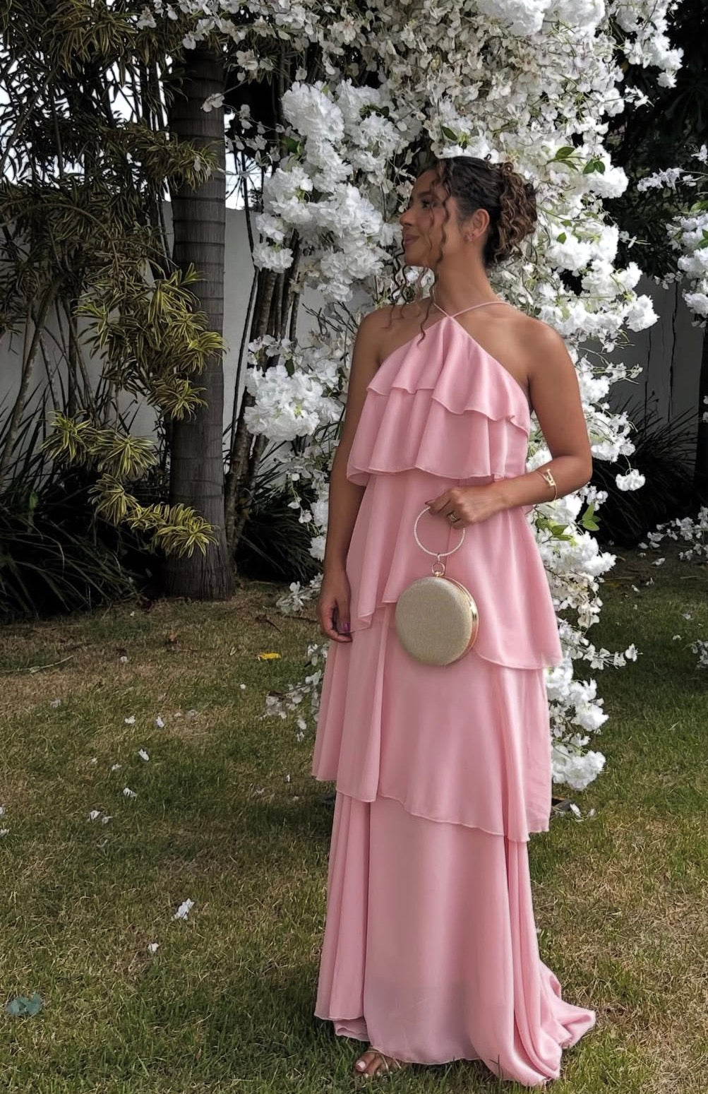 A Line Open Back Pink Layered Prom Dress Formal Prom Dress J10095