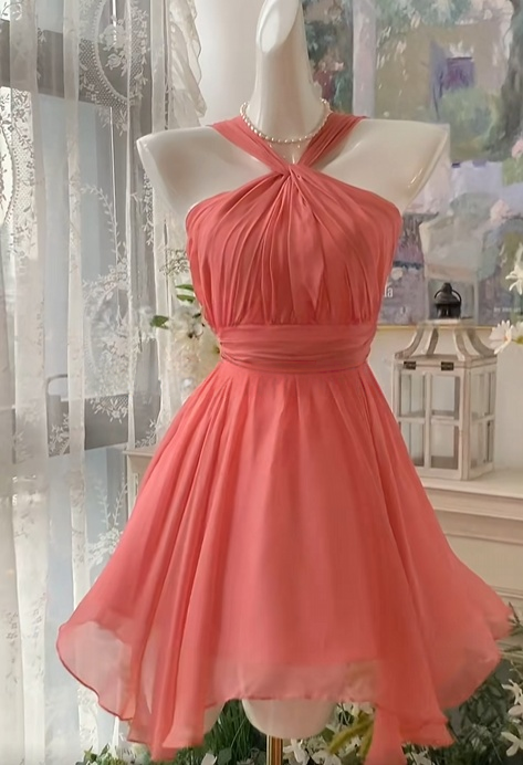 A Line Peach Chiffon Homecoming Dress Short Party Dress  J10979