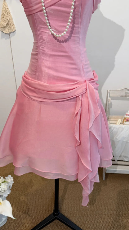 A Line Pink Chiffon Homecoming Dress Ruffled Short Dress  J10316