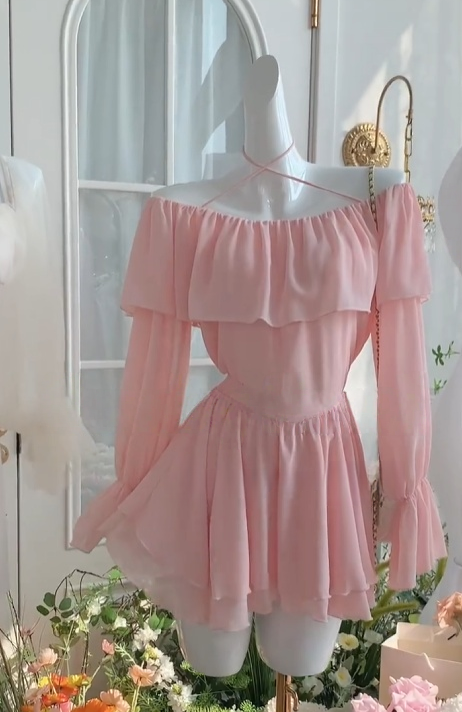 A Line Pink Chiffon Homecoming Dress With Long Sleeves  J11001