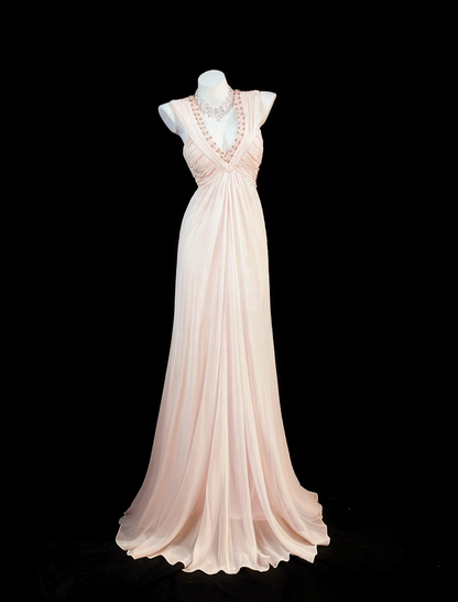 A Line Pink Chiffon Prom Dress Beaded Formal Evening Gown J10057