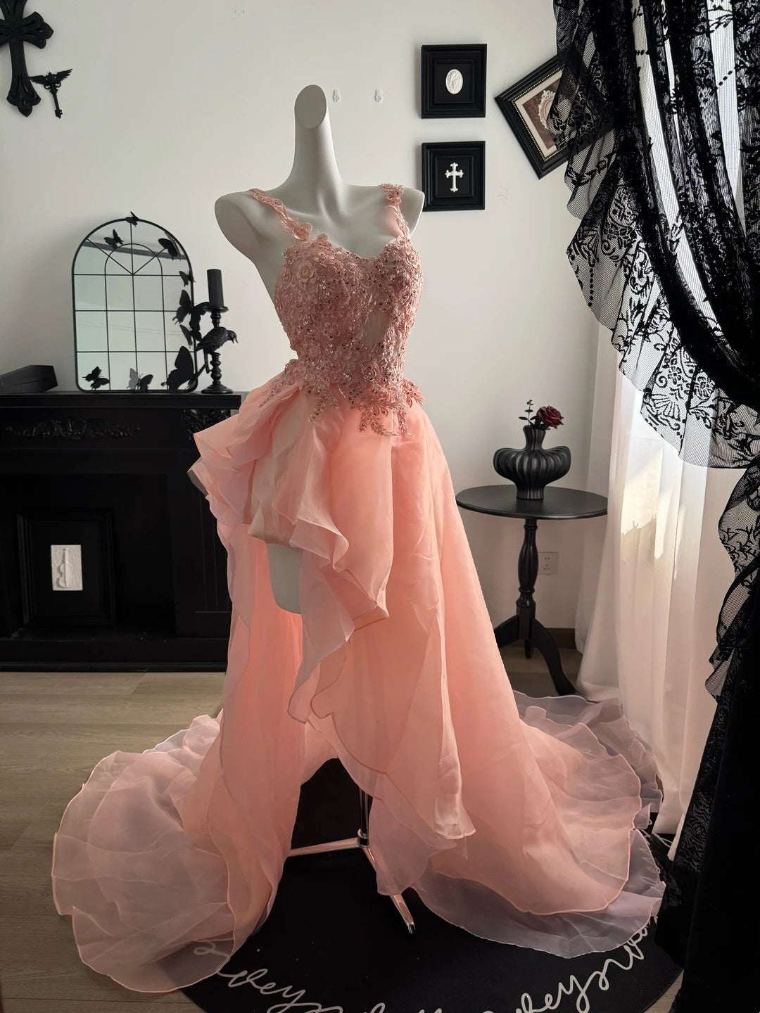 A Line Pink Formal Prom Dress With Beaded Appliques  J10639