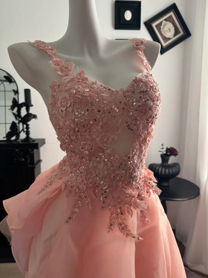 A Line Pink Formal Prom Dress With Beaded Appliques  J10639