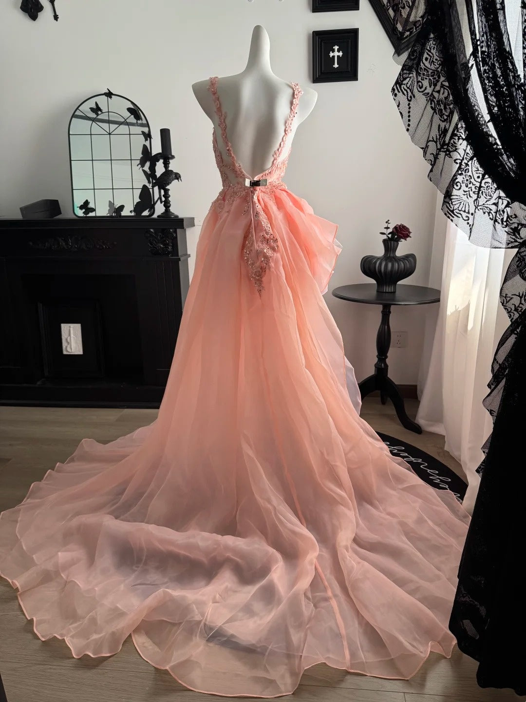 A Line Pink Formal Prom Dress With Beaded Appliques  J10639