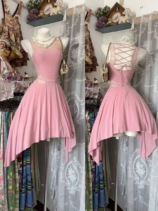 A Line Pink Lace Homecoming Dress Short Party Dress  J10912