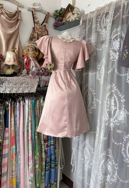 A Line Pink Satin Homecoming Dress Short Modest Birthday Dress J10864