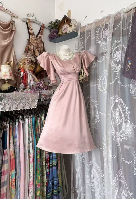 A Line Pink Satin Homecoming Dress Short Modest Birthday Dress J10864