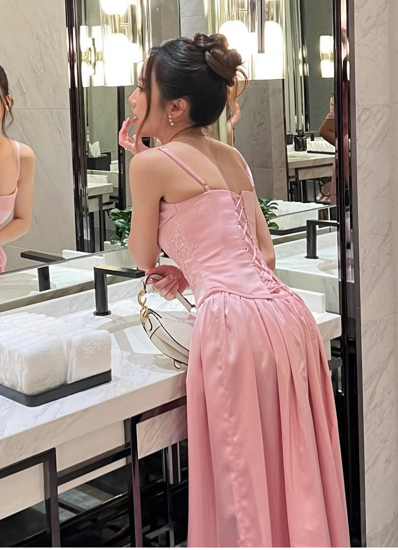 A Line Pink Satin Prom Dress Corset Bridesmaid Dress J9868 – JulyProm