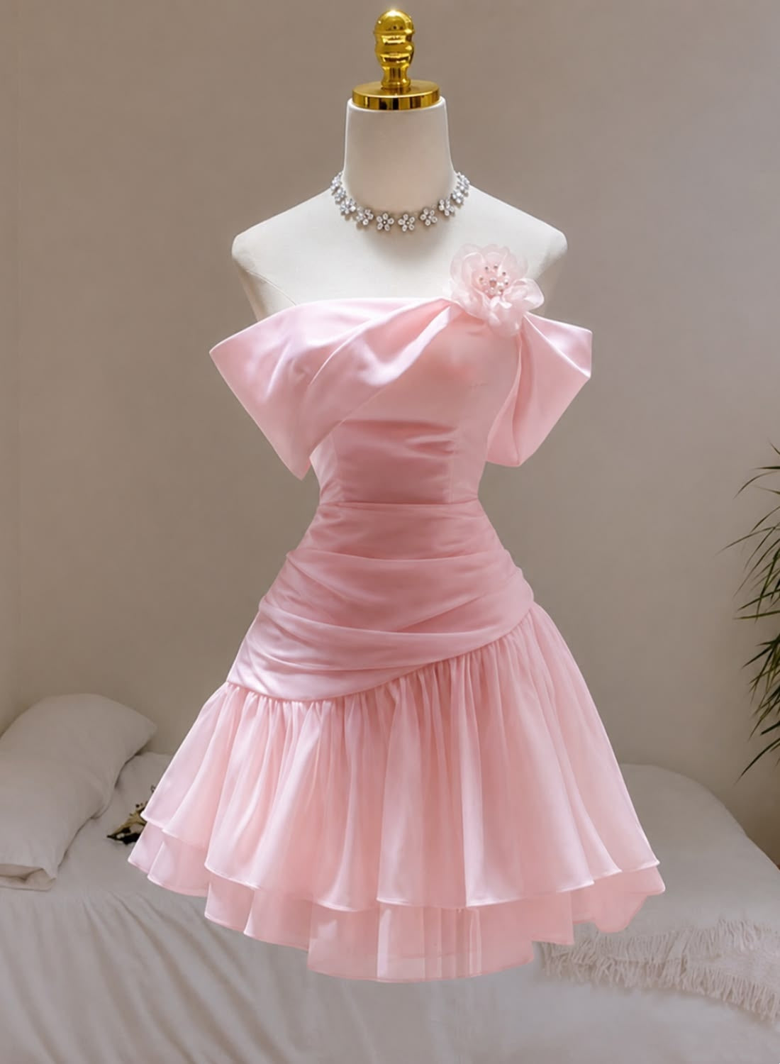 A Line Pink Short Birthday Dress Chiffon Party Dress  J10978