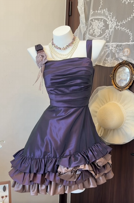 A Line Purple Satin Homecoming Dress Ruffled Birthday Dress  J11177