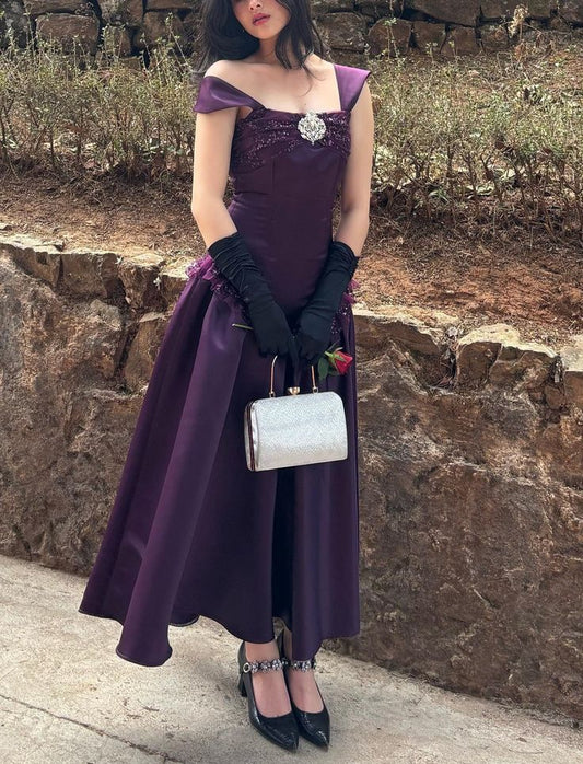 A Line Purple Satin Long Prom Dress Elegant Birthday Dress J11079