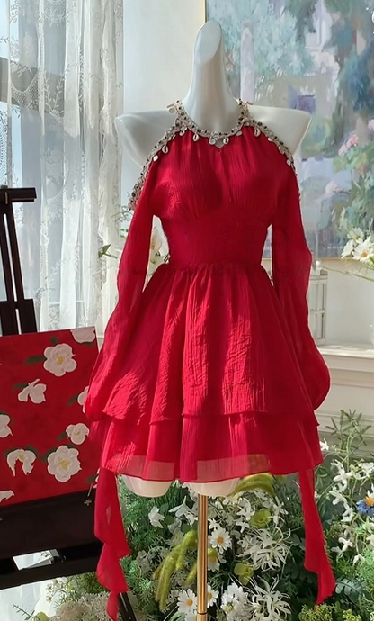 A Line Red Chiffon Homecoming Dress Short Birthday Dress  J10973