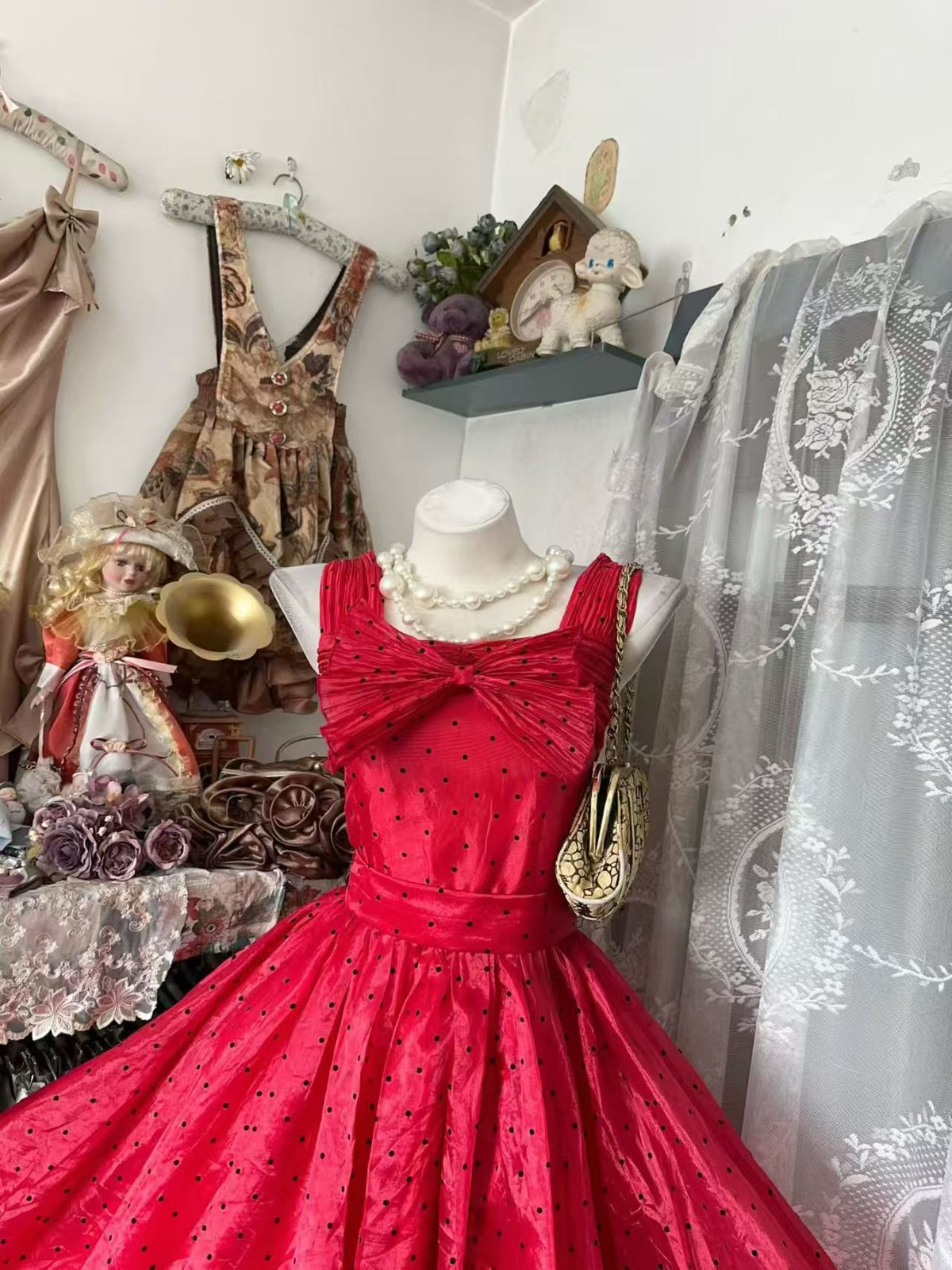 A Line Red Polka Dot Birthday Dress Short Evening Dress  J11869