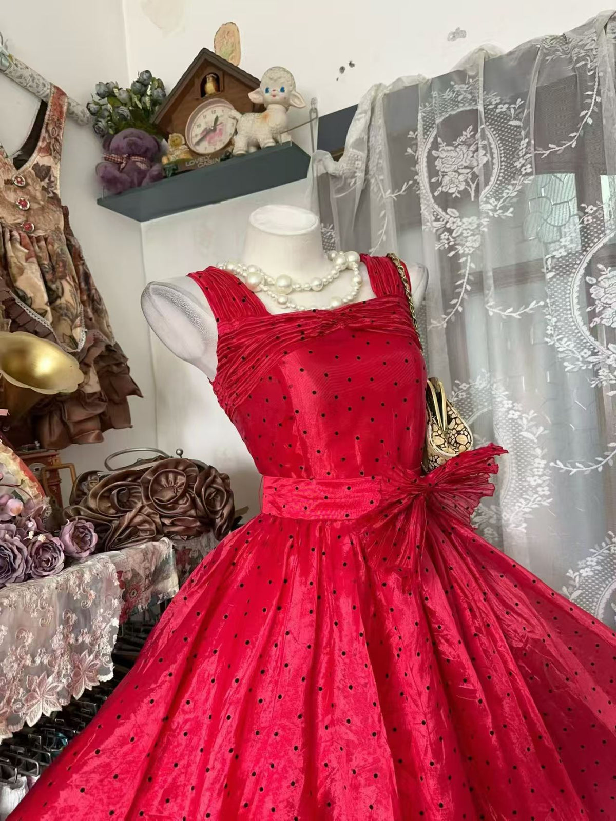 A Line Red Polka Dot Birthday Dress Short Evening Dress  J11869