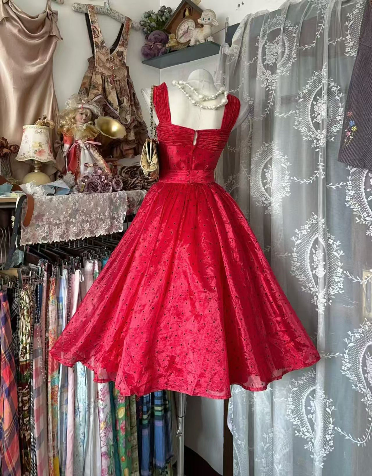 A Line Red Polka Dot Birthday Dress Short Evening Dress  J11869