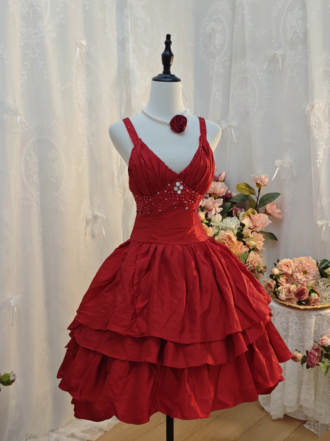 A Line Red Short Birthday Dress Layered Homecoming Dress J10107