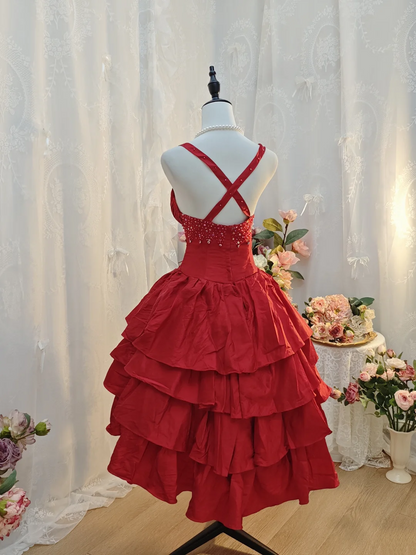 A Line Red Short Birthday Dress Layered Homecoming Dress J10107