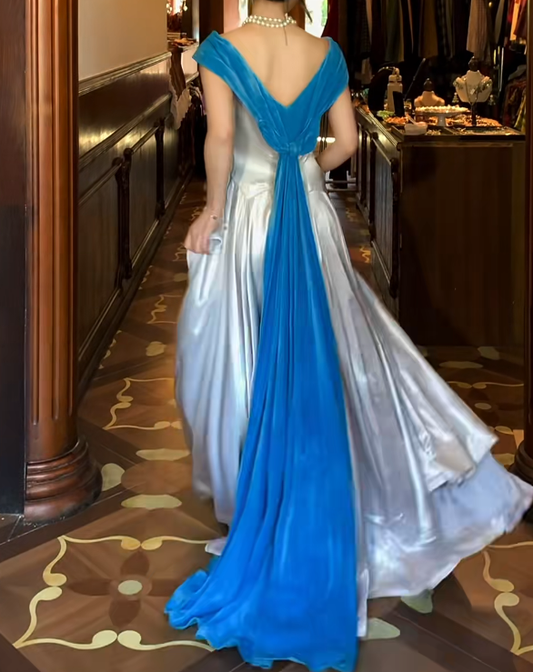 Trägerloses silbernes Vintage-Abendkleid, A-Linie, Geburtstagskleid J9370