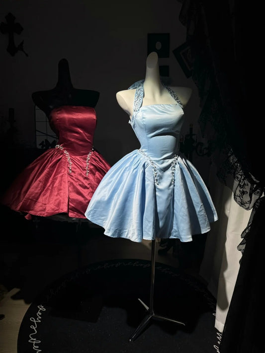 A Line Satin Short Birthday Dress Beaded Homecoming Dress  J10820