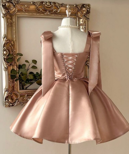 A Line Satin Short Homecoming Dress With Bow Knot Straps  J11353