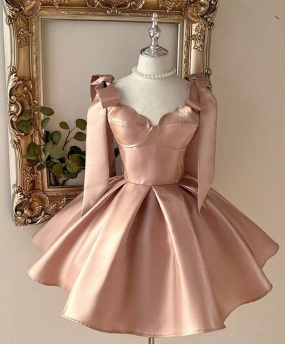 A Line Satin Short Homecoming Dress With Bow Knot Straps  J11353