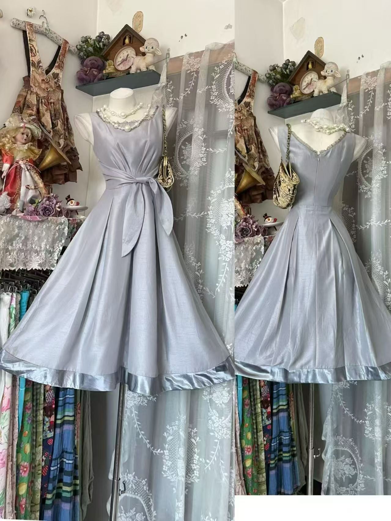 Trägerloses silbernes Vintage-Abendkleid, A-Linie, Geburtstagskleid J9370