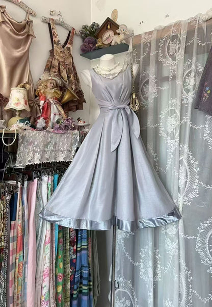 Trägerloses silbernes Vintage-Abendkleid, A-Linie, Geburtstagskleid J9370