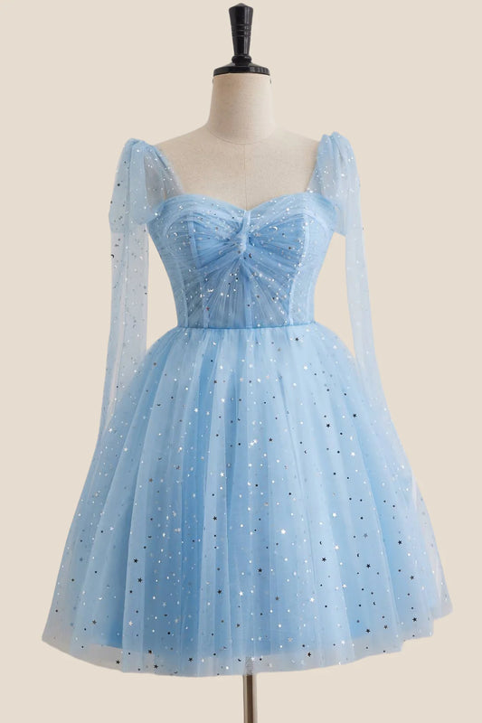 A Line Sparkle Blue Tulle Homecoming Dress Short Party Dress J10952