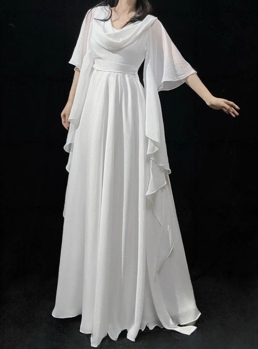 A Line White Chiffon Modest Wedding Dress Ruffled Evening Gown  J10845
