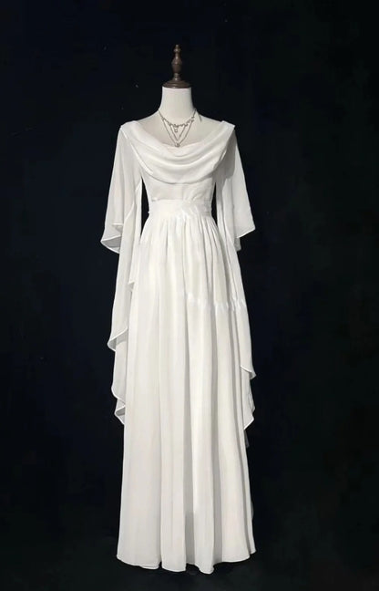 A Line White Chiffon Modest Wedding Dress Ruffled Evening Gown  J10845