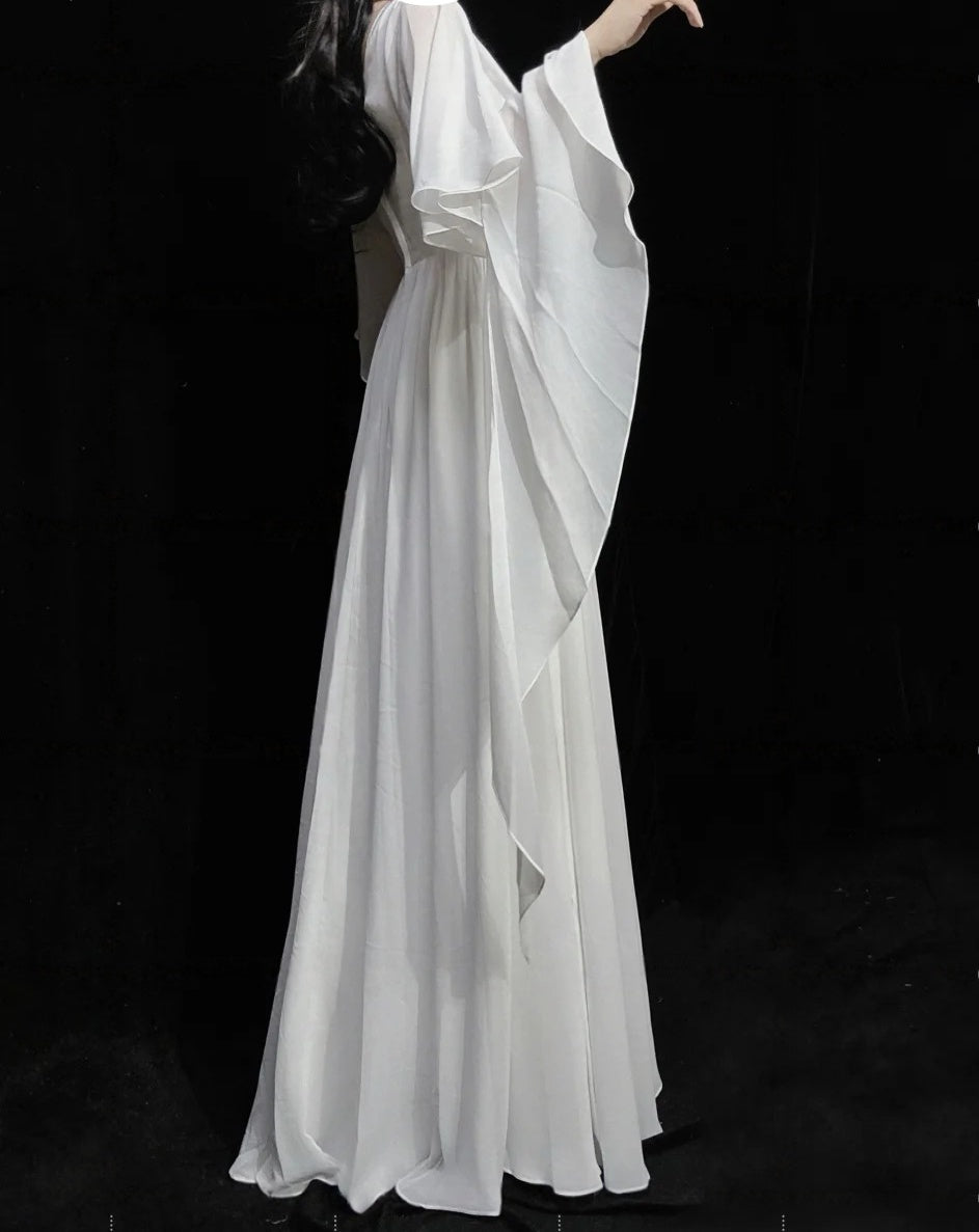 A Line White Chiffon Modest Wedding Dress Ruffled Evening Gown  J10845