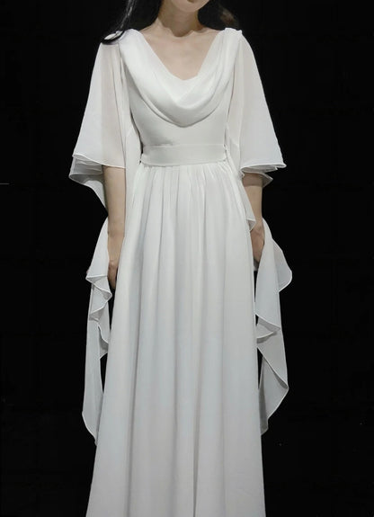 A Line White Chiffon Modest Wedding Dress Ruffled Evening Gown  J10845