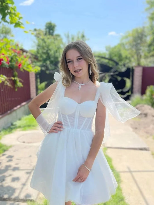 A Line White Tulle Graduation Homecoming Dress Short Wedding Dress  J11639