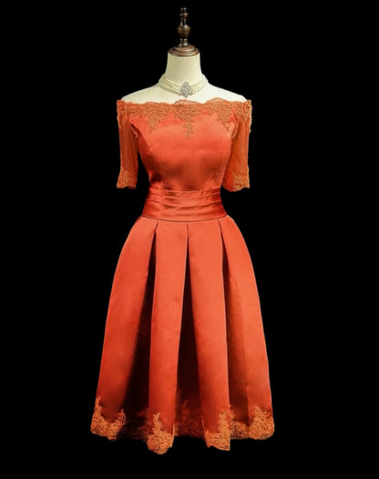Appliqued Off The Shoulder Orange Satin Evening Dress  J11848