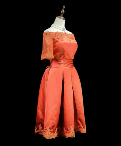 Appliqued Off The Shoulder Orange Satin Evening Dress  J11848