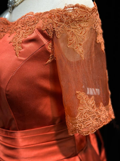 Appliqued Off The Shoulder Orange Satin Evening Dress  J11848